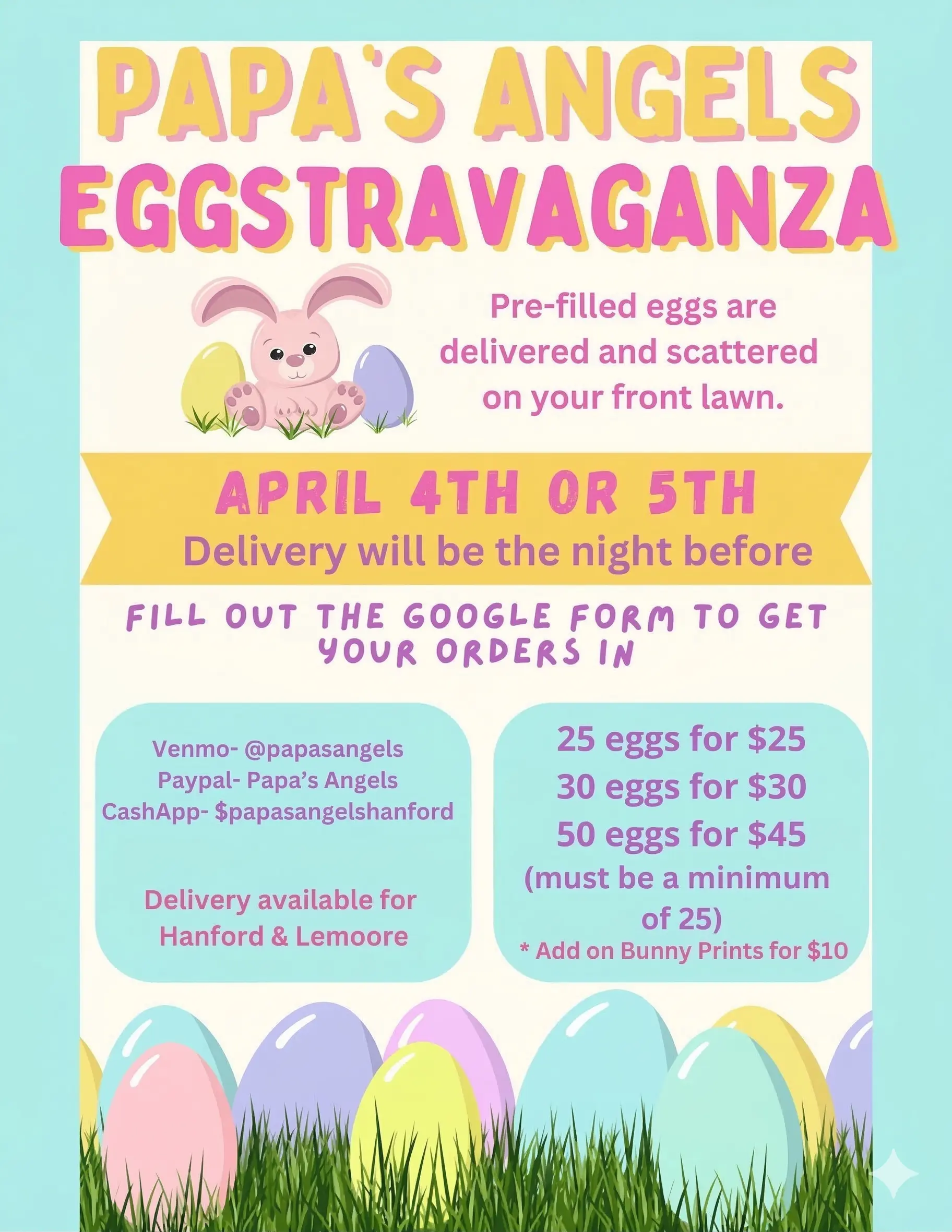 Papa's Angels Eggstravaganza flyer offering pre-filled Easter egg yard delivery in Hanford and Lemoore.