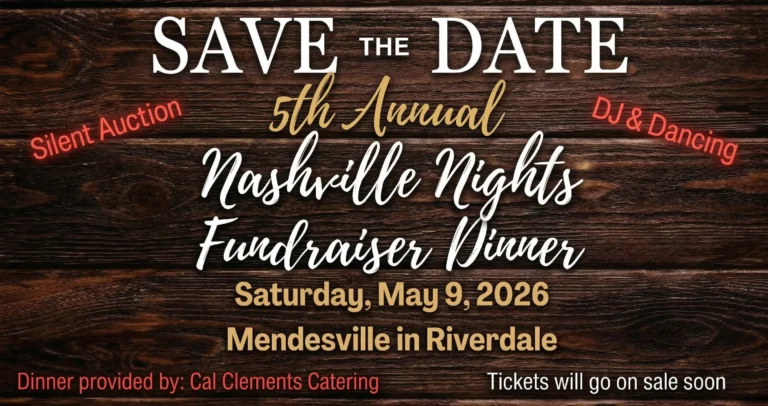 Wide featured image for the Nashville Nights Fundraiser Dinner. Text displays: Save the Date, May 9, 2026, at Mendesville in Riverdale. Rustic wood background with details about a silent auction, dancing, and catering by Cal Clements.